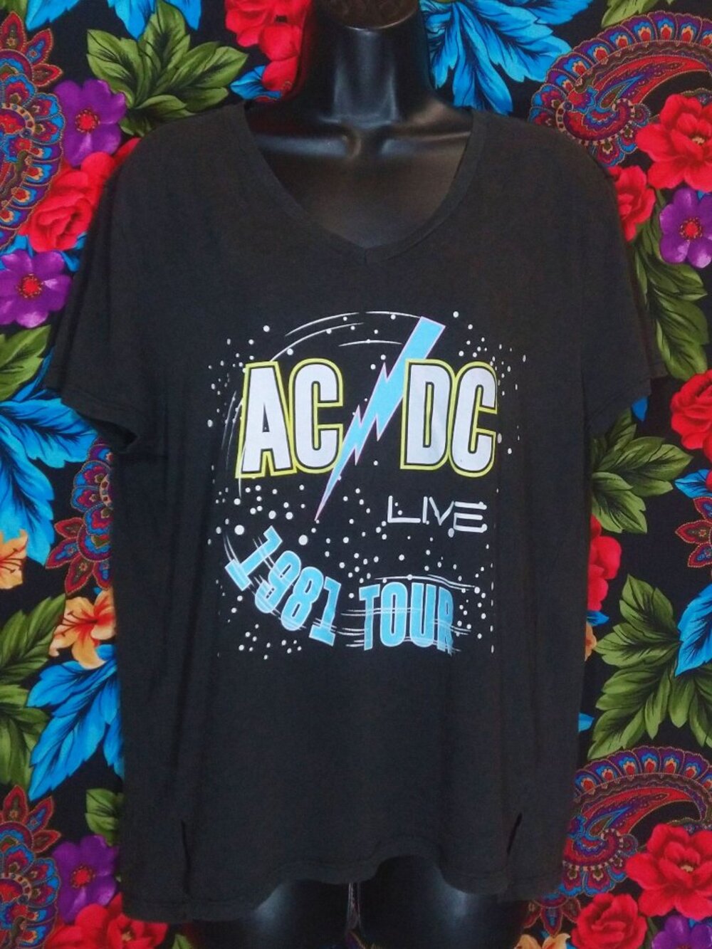 AC/DC Black Short Sleeve V-Neck Tour Tee with Blue and Yellow Logo